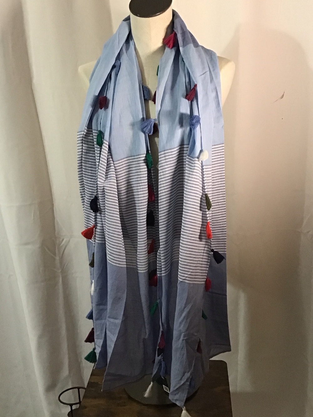 NIC+ZOE Light Blue Striped Tassel Wrap